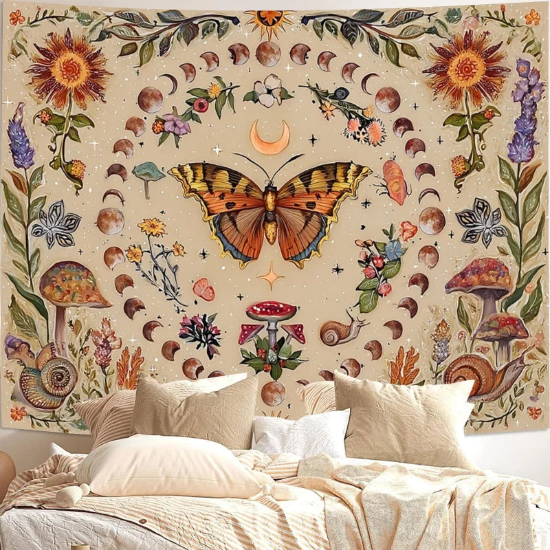 Vintage Butterfly, Mushroom & Moon Phase Wall Tapestry