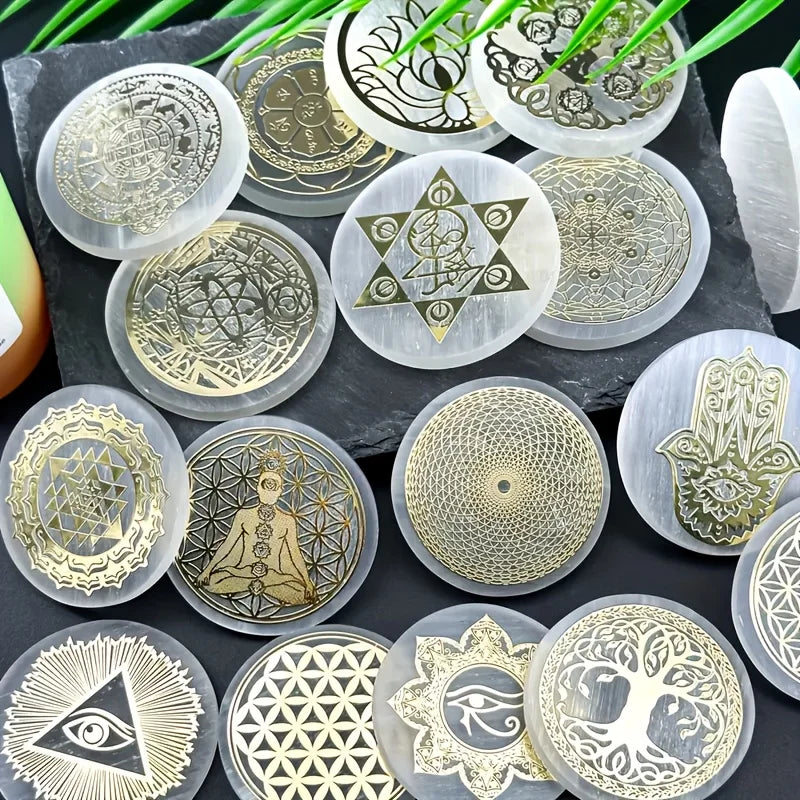 Engraved Selenite Crystal Charging Plate
