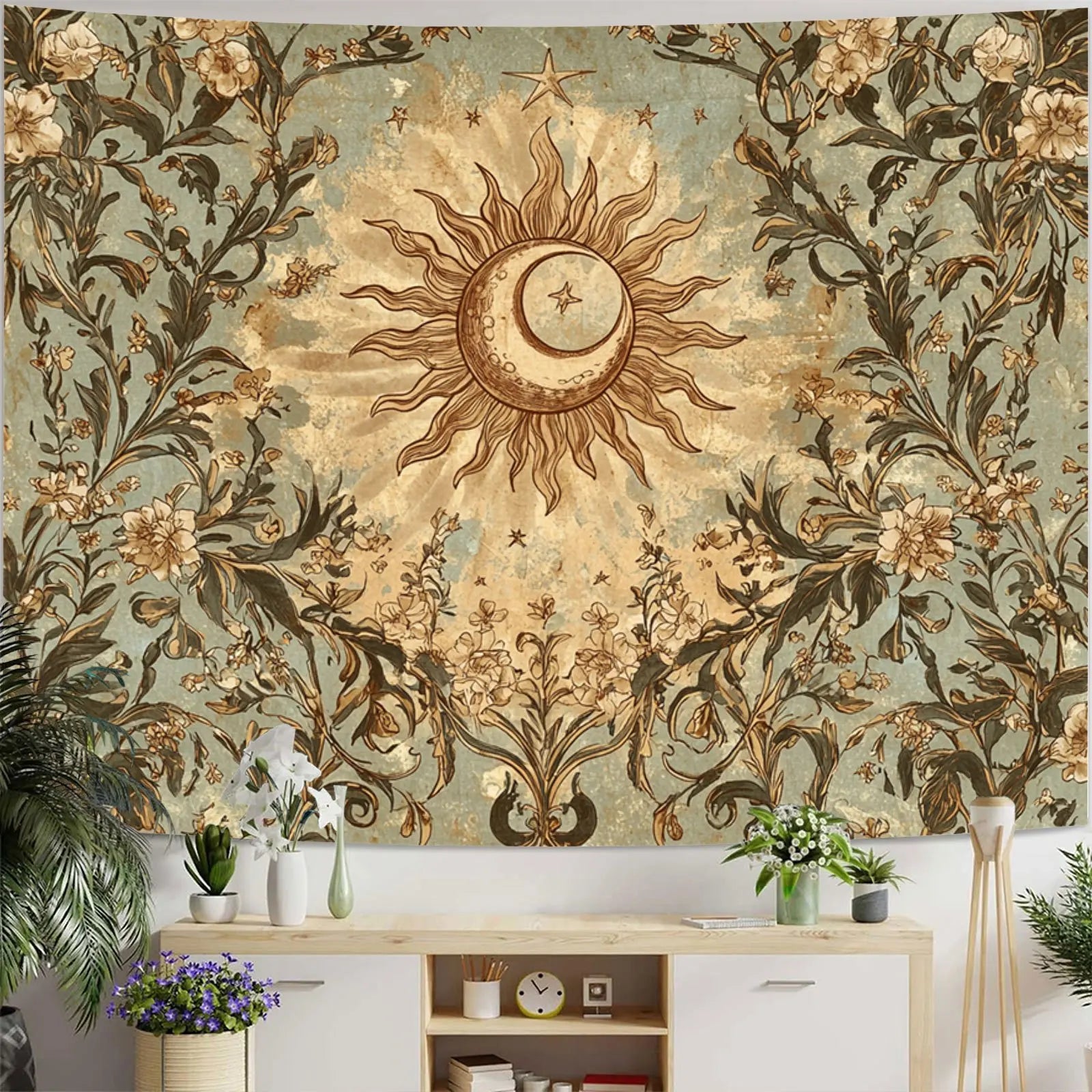 Vintage Celestial Sun & Moon Botanical Wall Tapestry