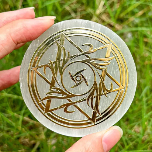 Engraved Selenite Crystal Charging Plate