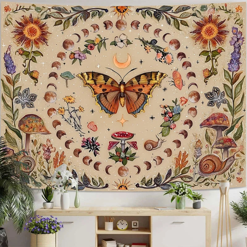 Vintage Butterfly, Mushroom & Moon Phase Wall Tapestry