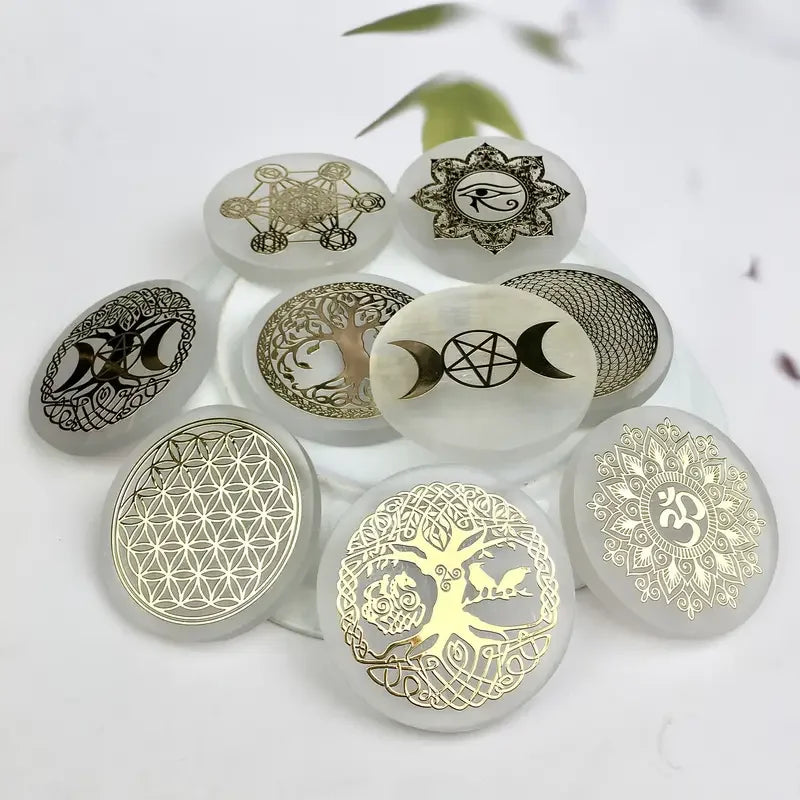 Engraved Selenite Crystal Charging Plate