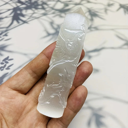 Hand-Carved Selenite Dragon & Phoenix Tower