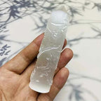 Hand-Carved Selenite Dragon & Phoenix Tower