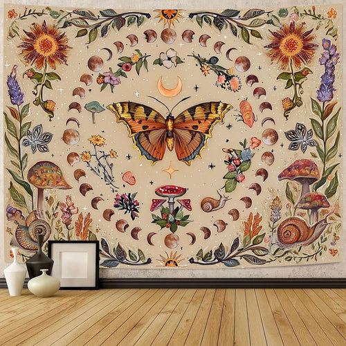 Vintage Butterfly, Mushroom & Moon Phase Wall Tapestry