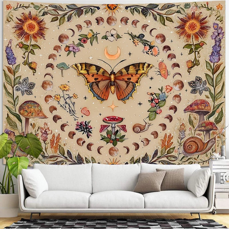 Vintage Butterfly, Mushroom & Moon Phase Wall Tapestry