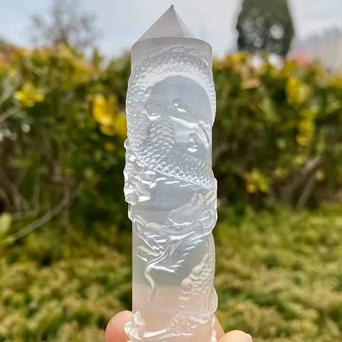 Hand-Carved Selenite Dragon & Phoenix Tower