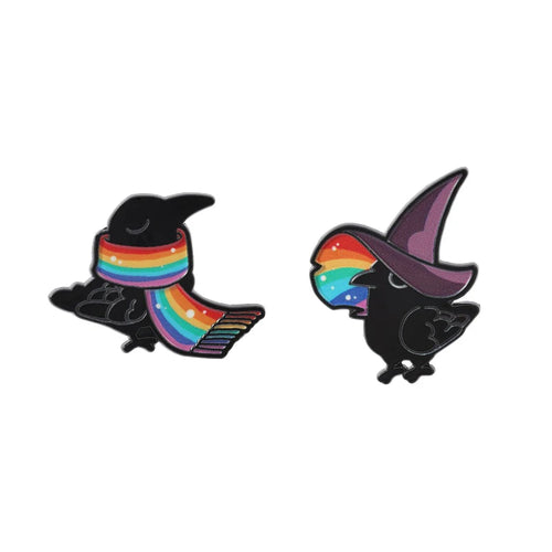 Rainbow Witch Raven Enamel Pins