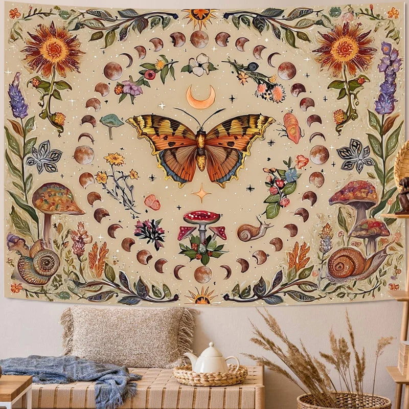 Vintage Butterfly, Mushroom & Moon Phase Wall Tapestry