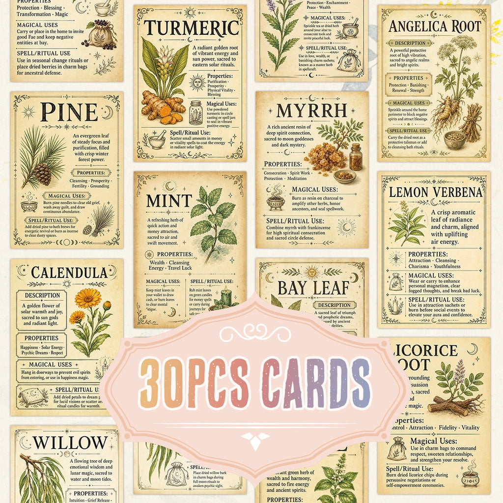 Vintage Herbal Grimoire Cards – 30-Piece Set