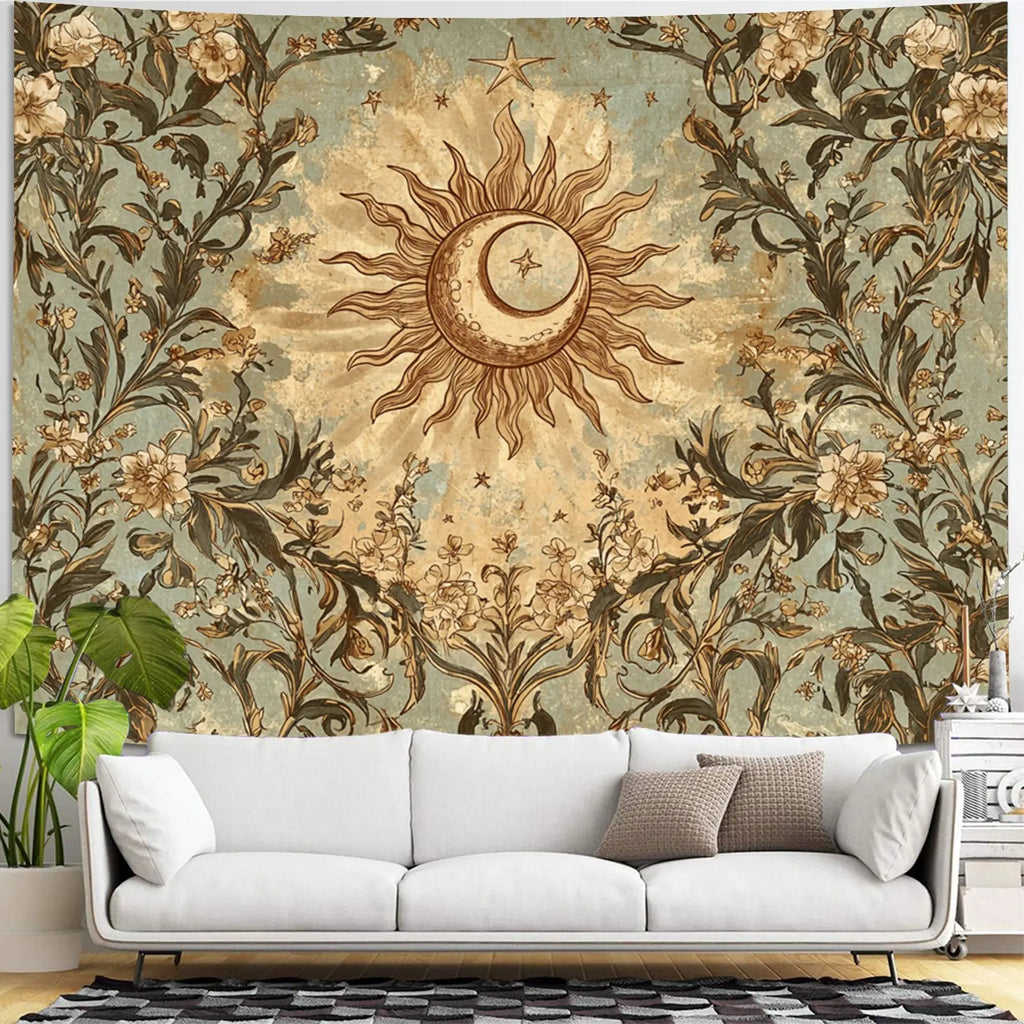 Vintage Celestial Sun & Moon Botanical Wall Tapestry