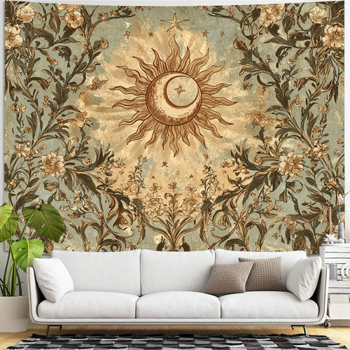 Vintage Celestial Sun & Moon Botanical Wall Tapestry