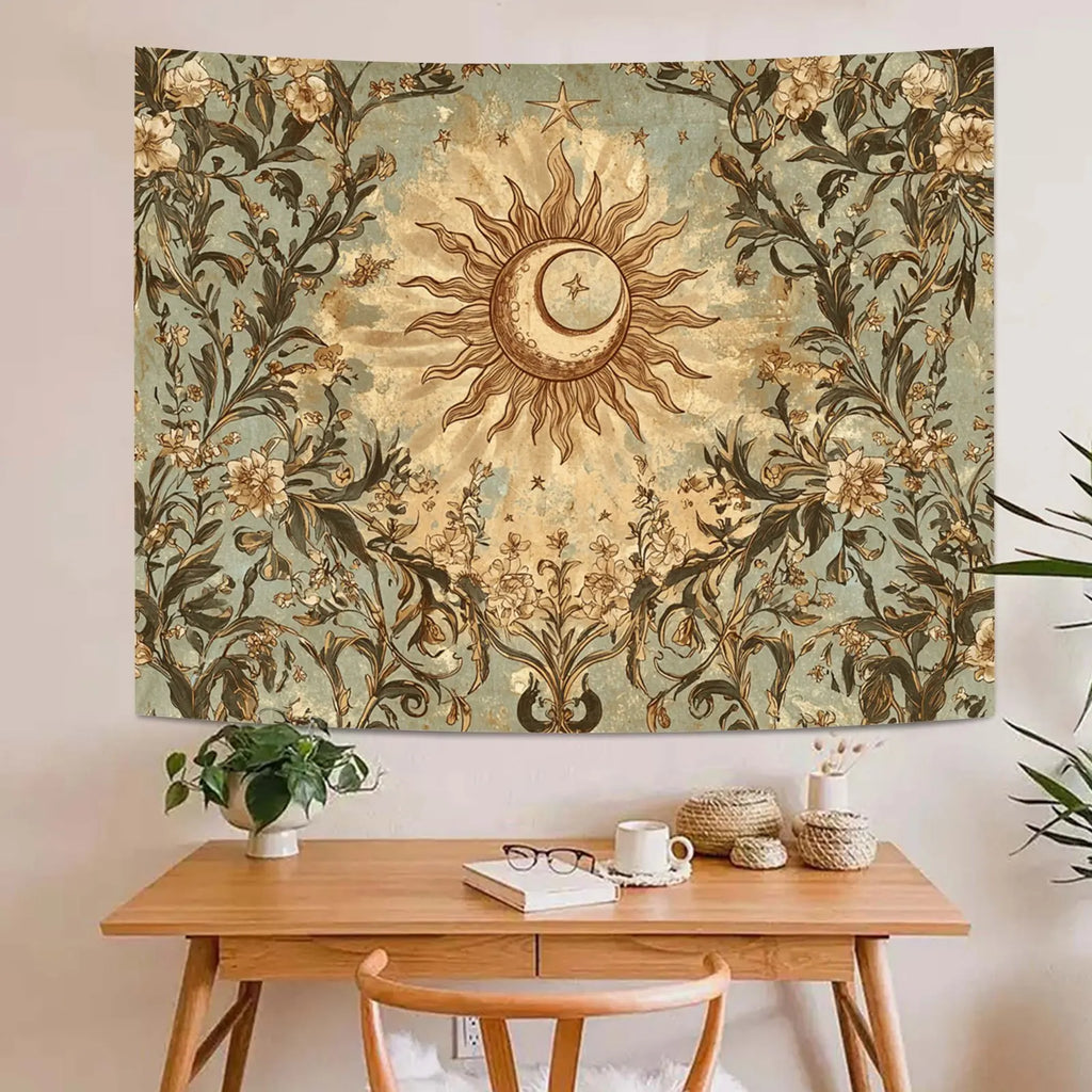 Vintage Celestial Sun & Moon Botanical Wall Tapestry