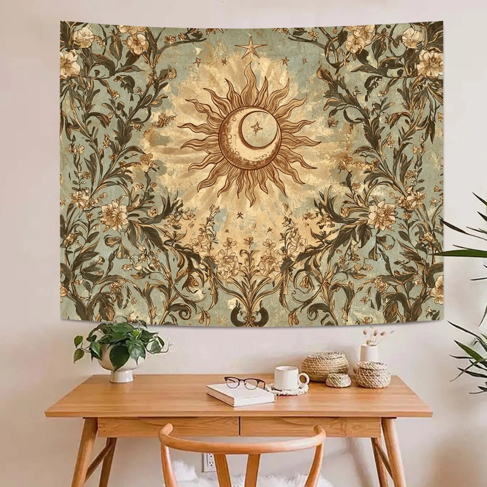 Vintage Celestial Sun & Moon Botanical Wall Tapestry