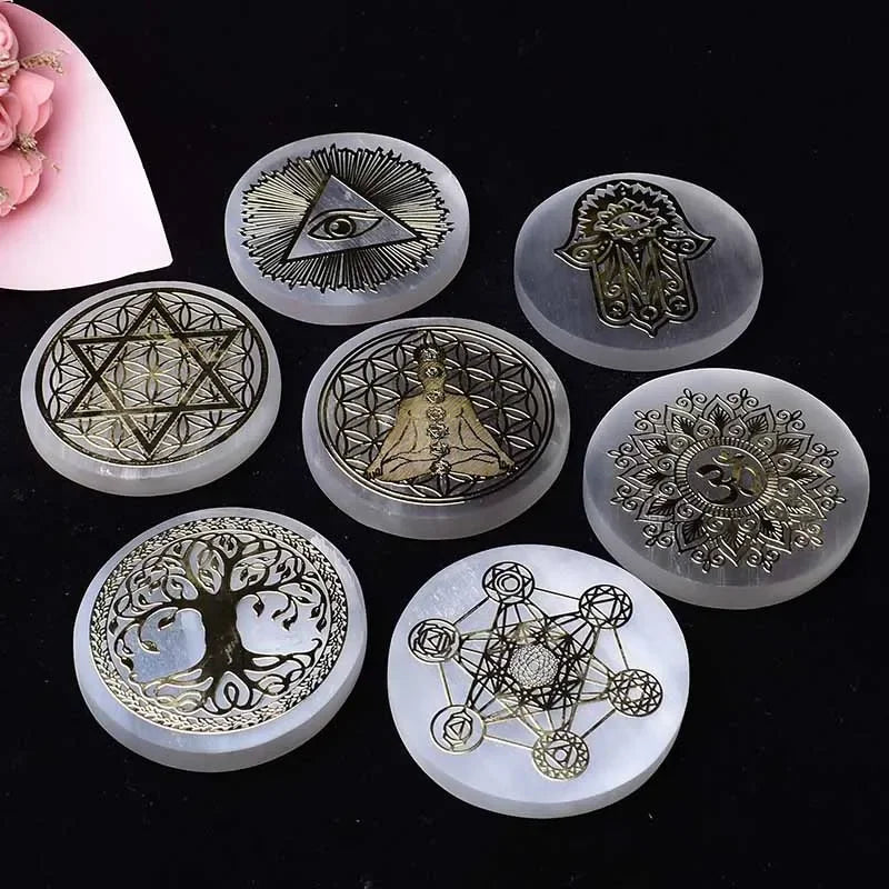 Engraved Selenite Crystal Charging Plate