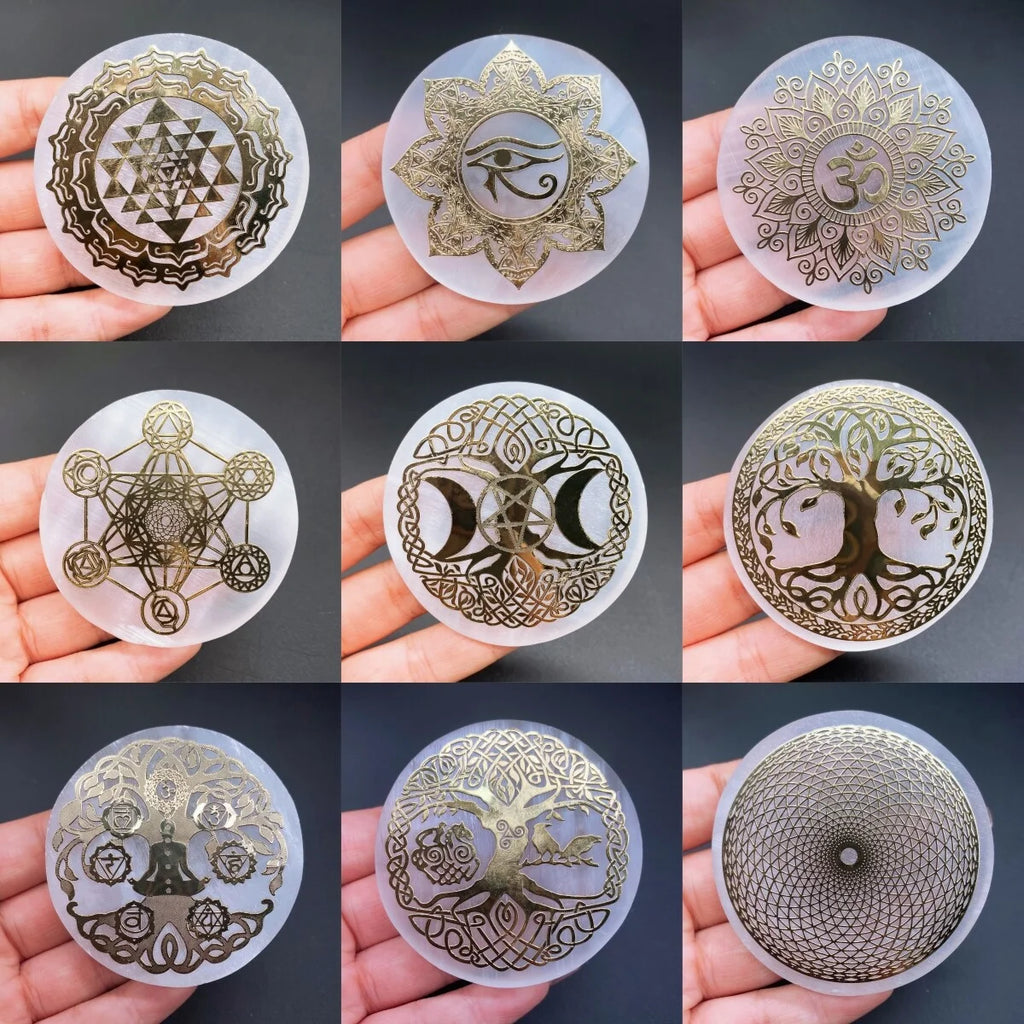 Engraved Selenite Crystal Charging Plate