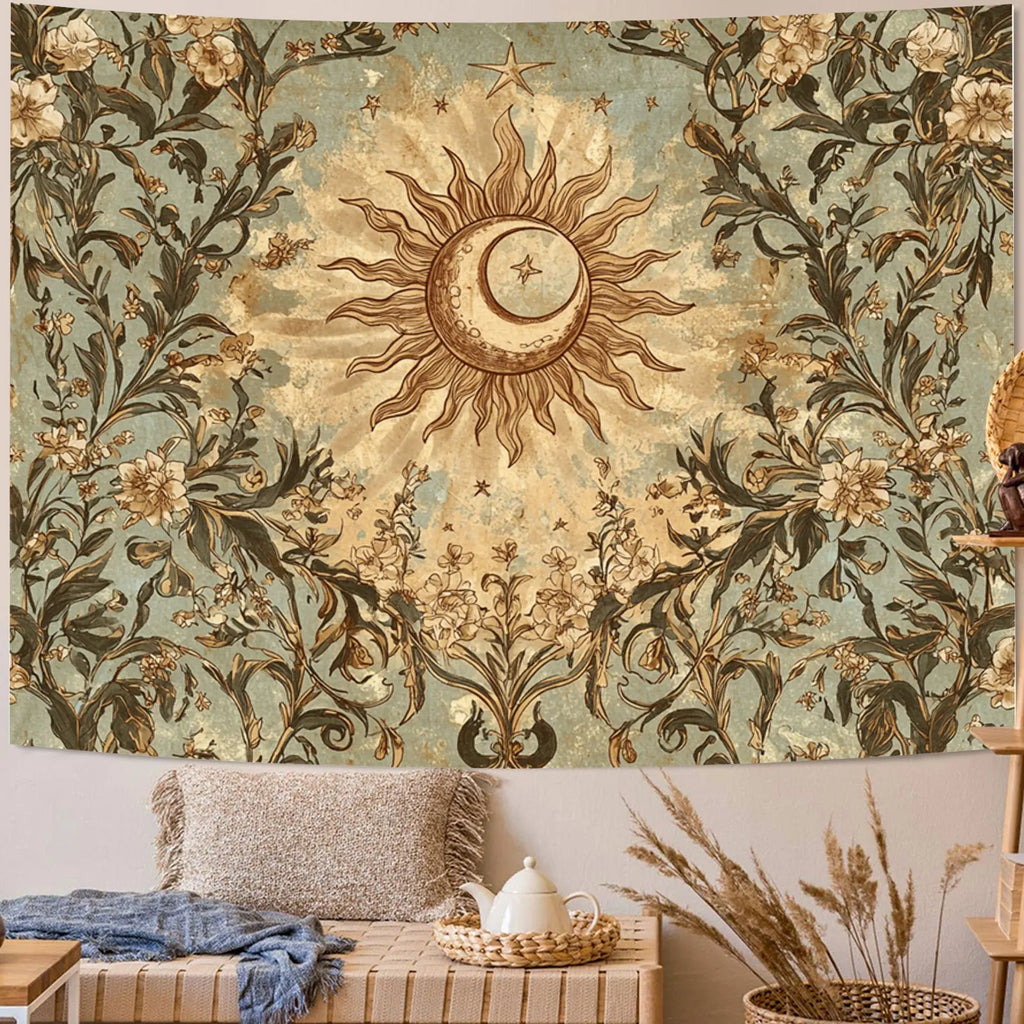 Vintage Celestial Sun & Moon Botanical Wall Tapestry