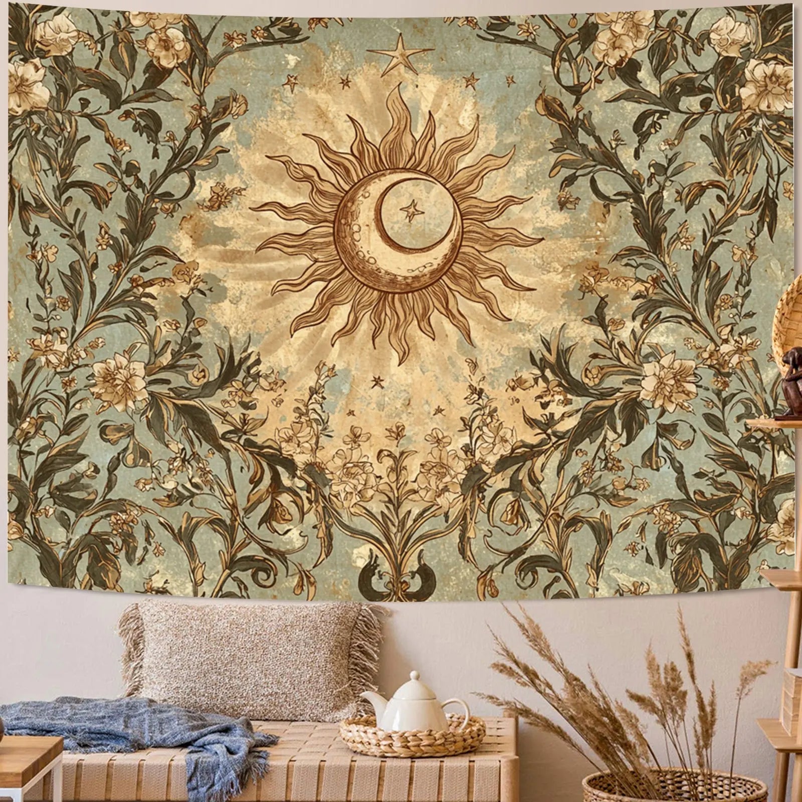 Vintage Celestial Sun & Moon Botanical Wall Tapestry
