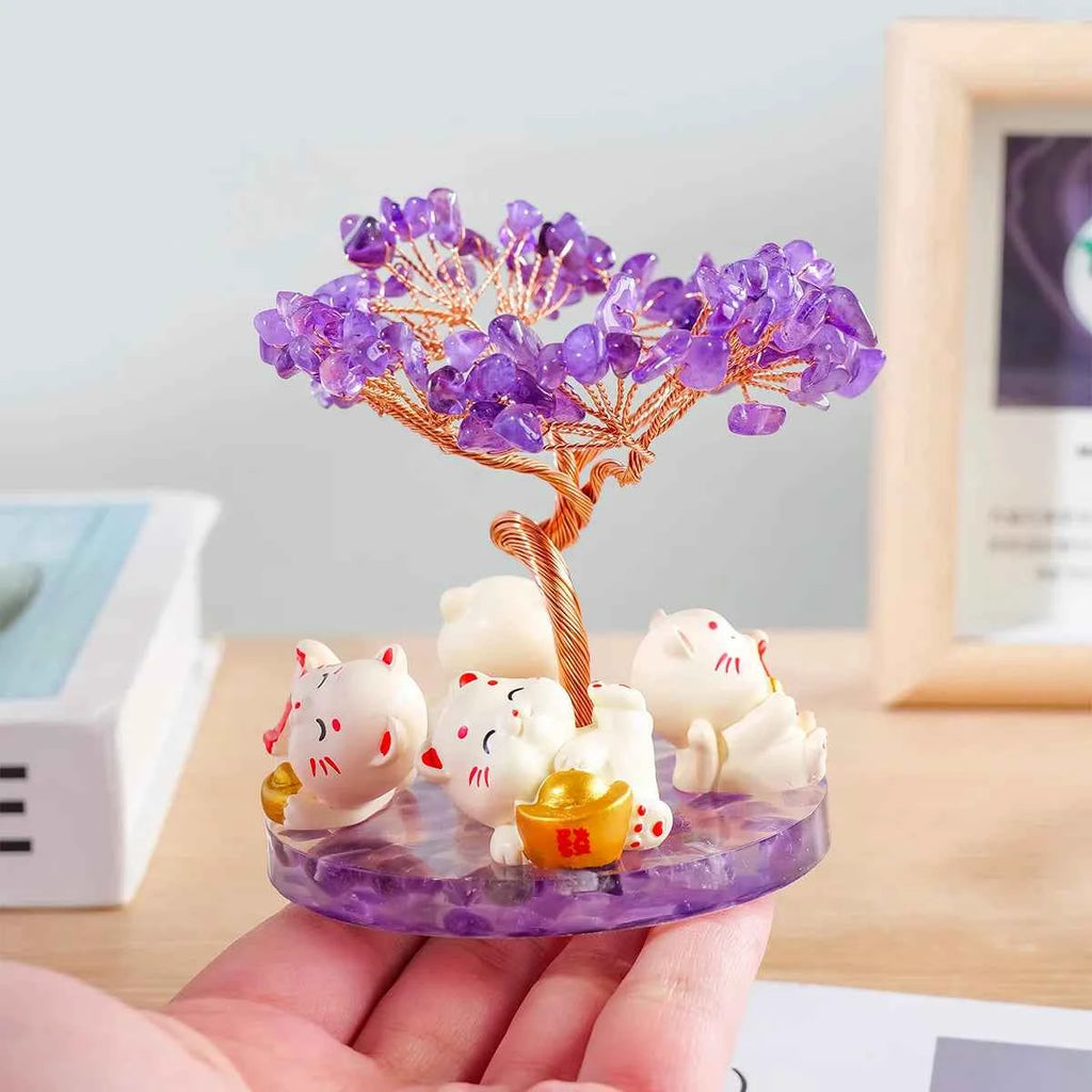 Maneki Neko Crystal Money Tree – Lucky Cat Prosperity Decor