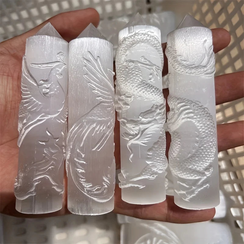 Hand-Carved Selenite Dragon & Phoenix Tower