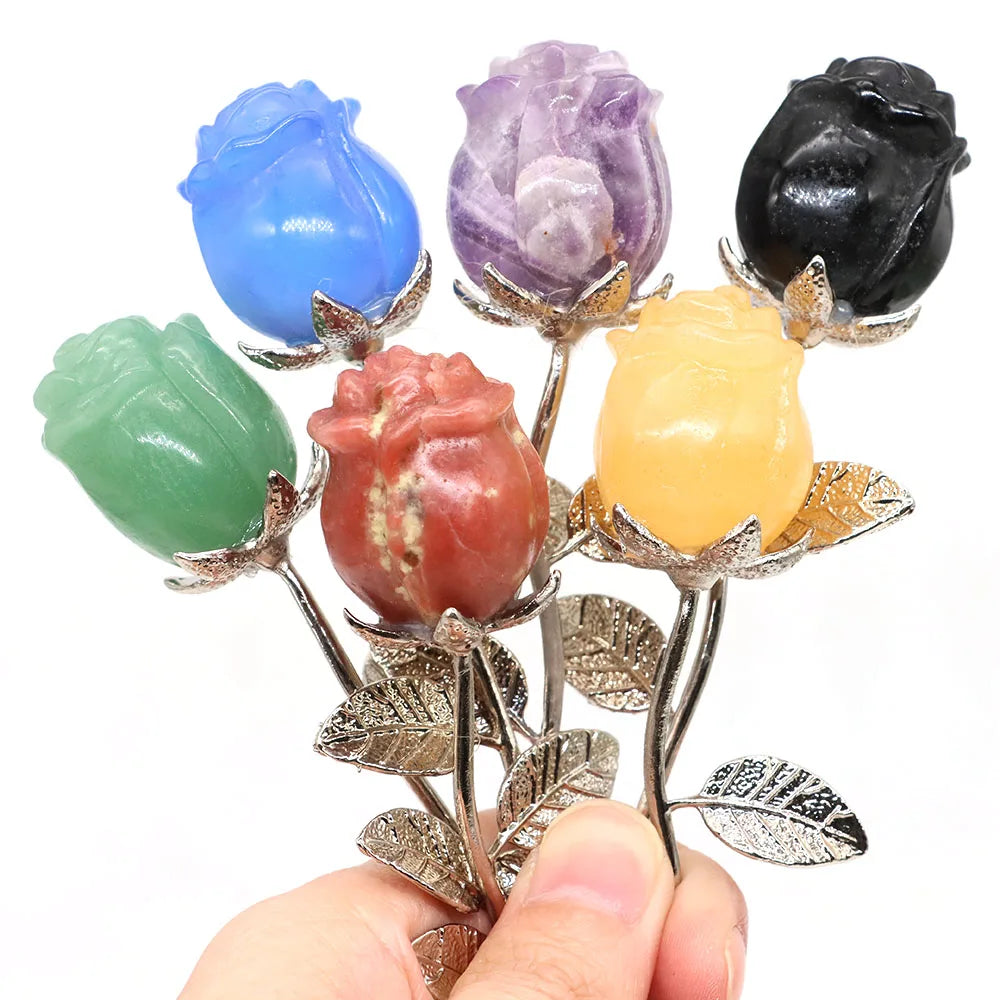Crystal Carved Rose Flower Natural Stone Amethyst Quartz Gemstone Craft Party Home Decoration Valentines Day Wedding Guest Gifts