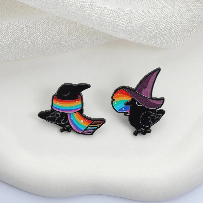 Rainbow Witch Raven Enamel Pins