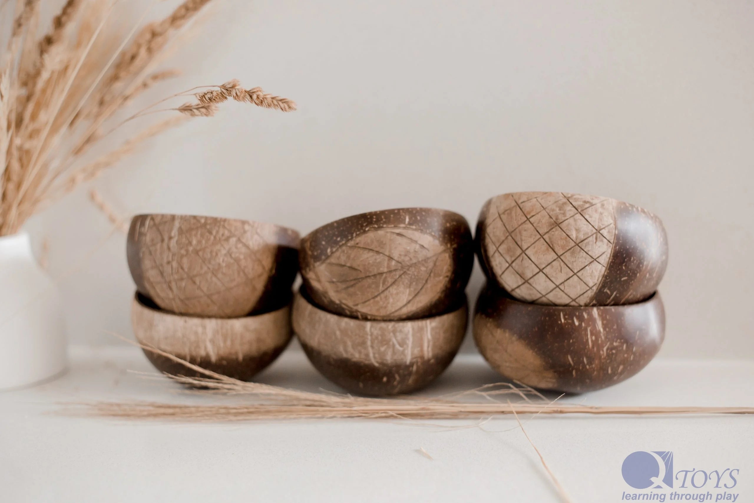 Patterned Coconut Bowl Set - 6 Pieces